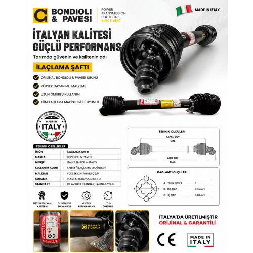Bondioli & Pavesi 90° Geniş Açılı İlaçlama Şaftı 1200 mm Orijinal İtalyan PTO Şaftı  CE Belgeli